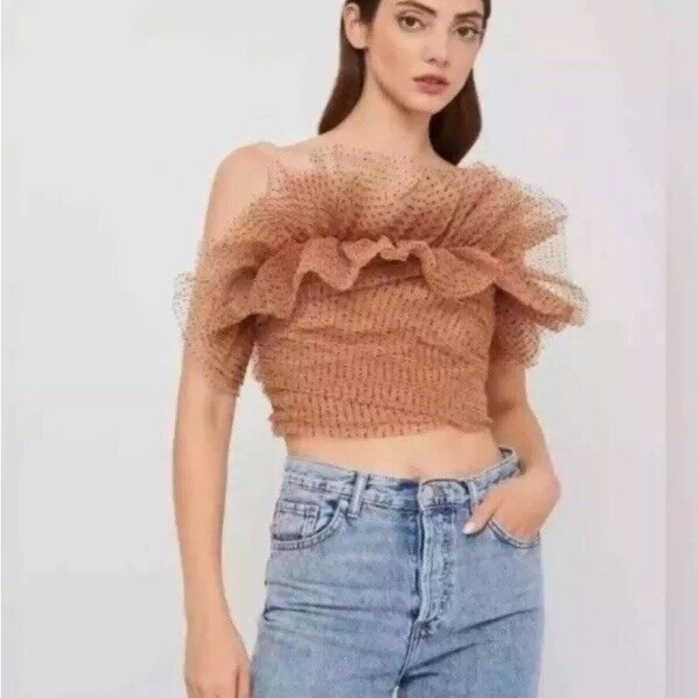 Zara Tan Ruffle Off-Shoulder Crop Top